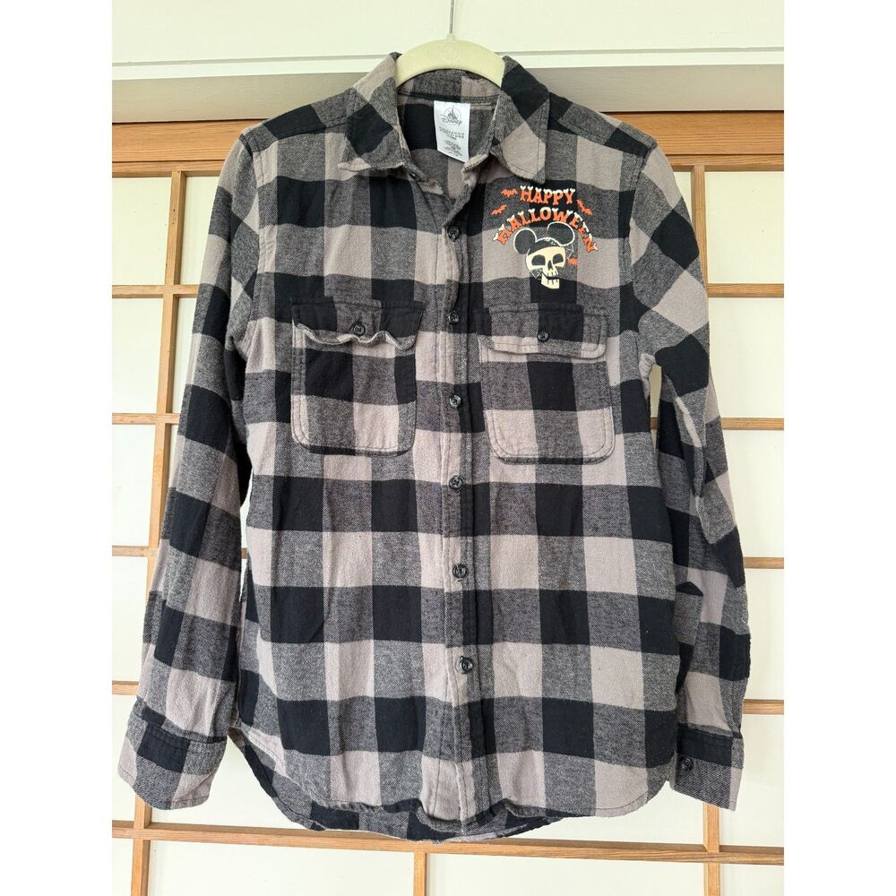 Disney Parks Halloween Mickey Skull Trick or Treat Plaid Flannel Shirt XS